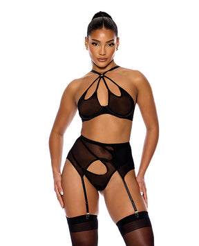 Feeling Butterflies Mesh Halterneck Bra w/Garter & Panty - Black MD by Forplay