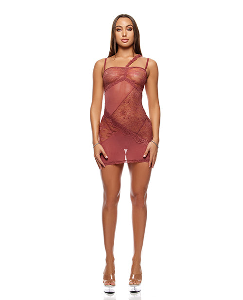 Patch of Petals Sheer Mesh and Lace Chemise w/Thong 2 pc Set - Mauve LG by Forplay