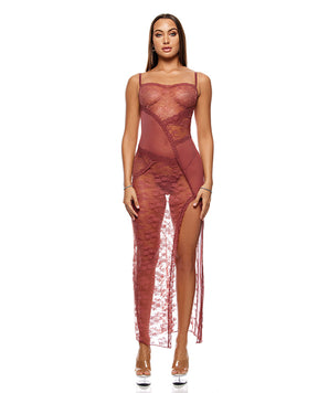 Patch of Petals Sheer Mesh and Lace Gown w/Thong 2 pc Set - Mauve SM by Forplay