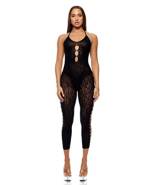 Cross Your Mind Capri Floral Knit Bodystocking w/Rhinestone Details - Black O/S by Forplay