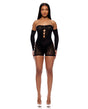 Cross Your Mind Romper Bodystocking w/Rhinestone Details & Gloves 2 pc Set - Black QN by Forplay