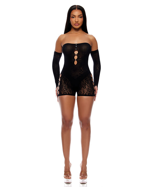 Cross Your Mind Romper Bodystocking w/Rhinestone Details & Gloves 2 pc Set - Black O/S by Forplay
