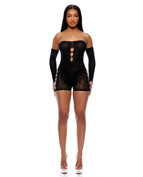 Cross Your Mind Romper Bodystocking w/Rhinestone Details & Gloves 2 pc Set - Black O/S by Forplay