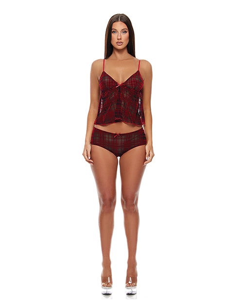 Velvet Lines Mesh Cami & Boy Short 2 pc Set - Red/Black SM by Forplay
