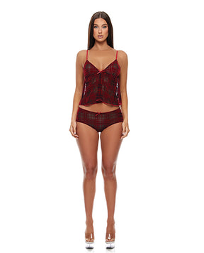 Velvet Lines Mesh Cami & Boy Short 2 pc Set - Red/Black SM by Forplay