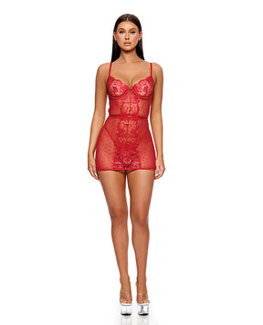 La Vie En Rose Metallic Embroidered Chemise, Panty & Belt 3 pc Set - Red SM by Forplay