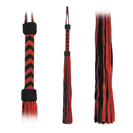 Fetissimo Suede Flogger — 30in Total, Red-Black, 36 Tails - FT213RB