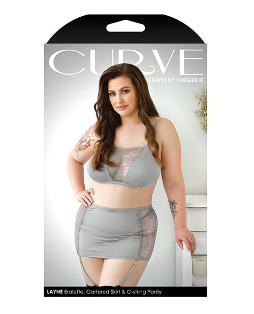 Curve Layne Lace & Microfiber Bralette w/Garter Skirt & G-String Gray1X/2X by Curve by Fantasy Lingerie