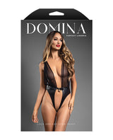 Domina Plunge Front Sheer Mesh & Vegan Leather Teddy w/Lock & Key - Black M/L by Domina by Fantasy