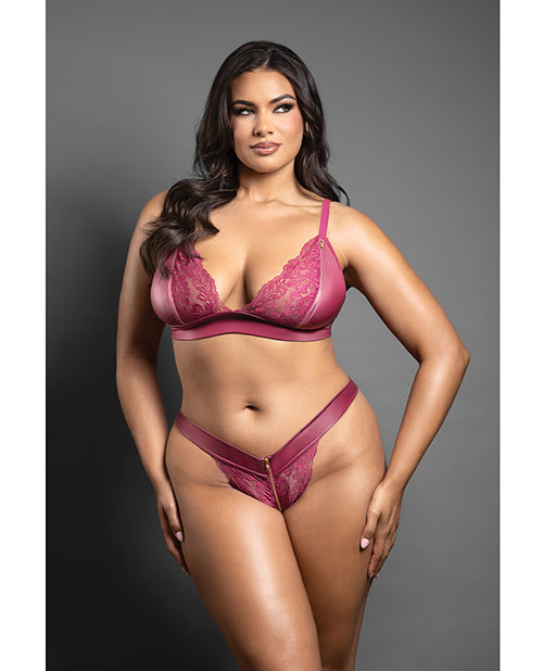 Domina Lace Bralette & Panty in Leatherette w/Zipper Detail - Berry QN by Domina by Fantasy