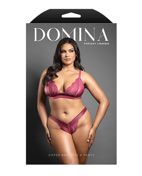 Domina Lace Bralette & Panty in Leatherette w/Zipper Detail - Berry QN by Domina by Fantasy