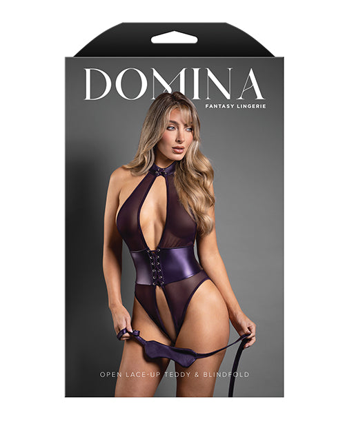 Domina Open Halter Teddy in Mesh & Leatherette w/Matching Blindfold - Purple M/L by Domina by Fantasy