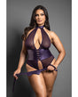 Domina Open Halter Teddy in Mesh & Leatherette w/Matching Blindfold - Purple QN by Domina by Fantasy