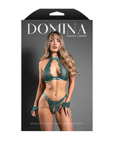 Domina Lace Bralette & Open Panty w/Detachable Chain-Link Handcuffs - Green L/XL by Domina by Fantasy