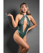 Domina Lace Halter Teddy w/Zipper Detail & Detachable Chain-Link Leash - Green M/L by Domina by Fantasy
