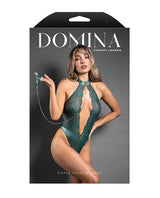 Domina Lace Halter Teddy w/Zipper Detail & Detachable Chain-Link Leash - Green M/L by Domina by Fantasy