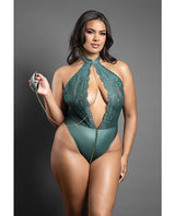 Domina Lace Halter Teddy w/Zipper Detail & Detachable Chain-Link Leash - Green QN by Domina by Fantasy