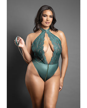 Domina Lace Halter Teddy w/Zipper Detail & Detachable Chain-Link Leash - Green QN by Domina by Fantasy