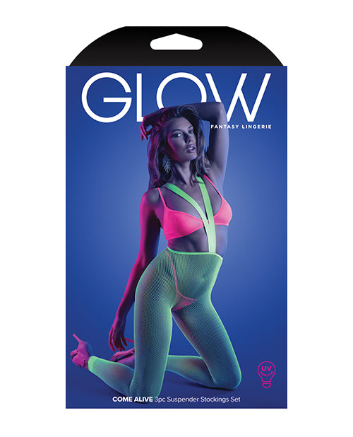 Glow Come Alive Suspender Stockings, Bralette & G-String Multi Color O/S by Glow by Fantasy Lingerie