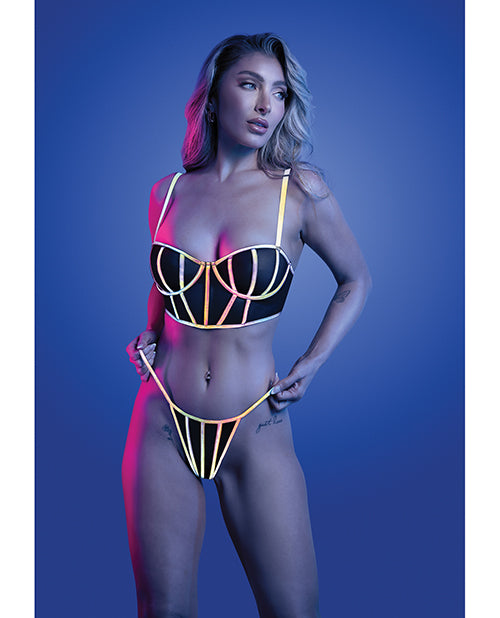 Solar Flare Flash Reflective Binding Underwire Bra & Thong - Black L/XL by Glow by Fantasy Lingerie
