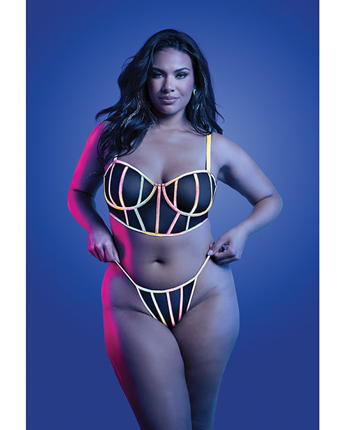 Solar Flare Flash Reflective Binding Underwire Bra & Thong - Black QN by Glow by Fantasy Lingerie