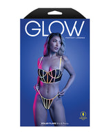 Solar Flare Flash Reflective Binding Underwire Bra & Thong - Black S/M by Glow by Fantasy Lingerie
