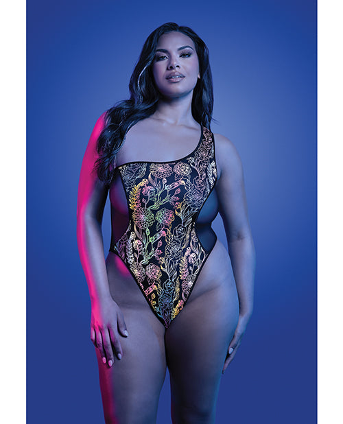 Luminescent Flash Reflective Floral Print Teddy - Black QN by Glow by Fantasy Lingerie
