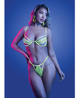 Mind Control UV Reactive Lace and Mesh Underwire Bra & Thong - Neon Green M/L by Glow by Fantasy Lingerie