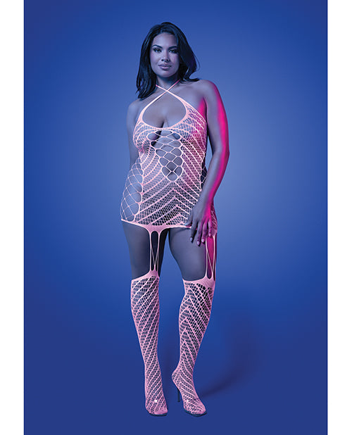 Metamorphic Glow-in-the-Dark Bodystocking Dress; Glows Pink - White QN by Glow by Fantasy Lingerie