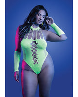 Pressure Point UV Reactive Rhinestone Studded Teddy & Gloves/Leg Warmers 2 pc Set - Neon Green QN by Glow by Fantasy Lingerie