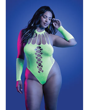 Pressure Point UV Reactive Rhinestone Studded Teddy & Gloves/Leg Warmers 2 pc Set - Neon Green QN by Glow by Fantasy Lingerie