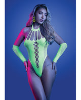 Pressure Point UV Reactive Rhinestone Studded Teddy & Gloves/Leg Warmers 2 pc Set - Neon Green O/S by Glow by Fantasy Lingerie