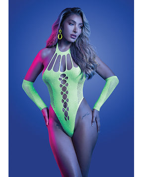 Pressure Point UV Reactive Rhinestone Studded Teddy & Gloves/Leg Warmers 2 pc Set - Neon Green O/S by Glow by Fantasy Lingerie
