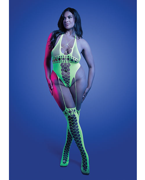 Paradigm UV Reactive Halter Teddy Bodystocking - Neon Green QN by Glow by Fantasy Lingerie