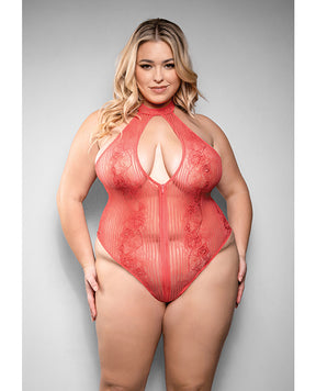Temptress Calliope Striped Sheer Floral Lace Zippered Teddy - Coral 3X/4X by Temptress by Fantasy