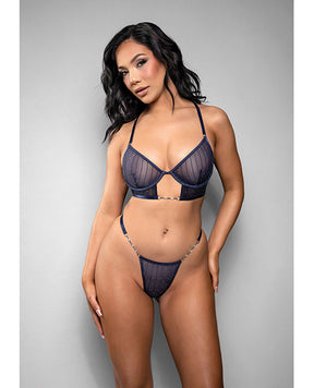 Temptress Celeste Sheer Striped Rhinestone Mesh Bra w/G-String 2 pc Set - Navy L/XL by Temptress by Fantasy