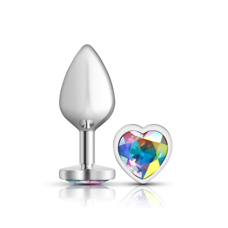 Viben Medium Silver Metal Anal Plug with Clear Iridescent Heart Gem - VB-CC9127
