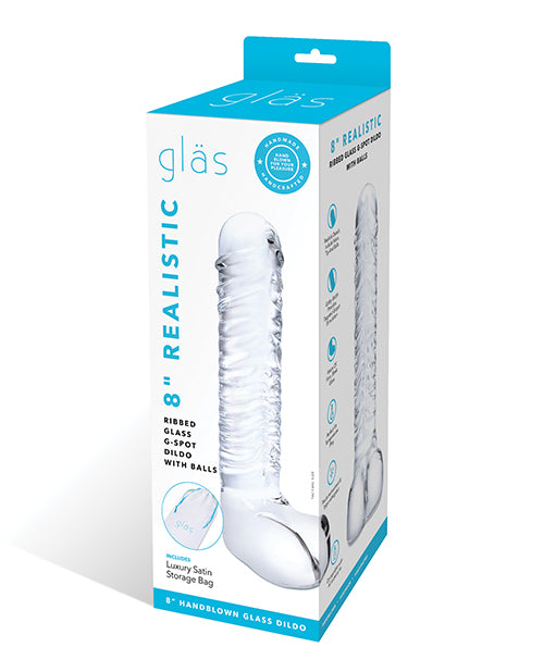 Glas 8" Realistic Ribbed Glass G-Spot Dildo w/Balls - Clear by Glas