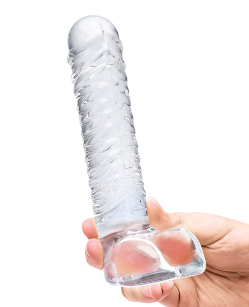 Glas 8" Realistic Ribbed Glass G-Spot Dildo w/Balls - Clear by Glas