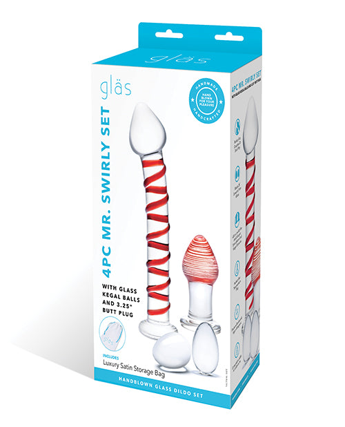Glas 4 pc Mr. Swirly Set w/Glass Kegel Balls & 3.25" Butt Plug - Red by Glas