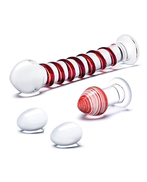 Glas 4 pc Mr. Swirly Set w/Glass Kegel Balls & 3.25" Butt Plug - Red by Glas