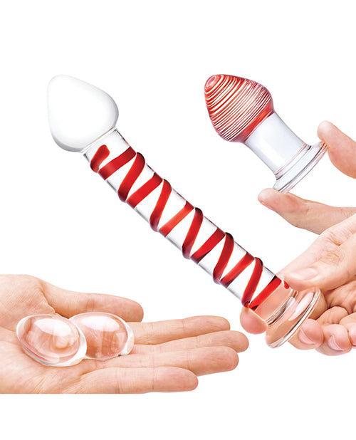 Glas 4 pc Mr. Swirly Set w/Glass Kegel Balls & 3.25" Butt Plug - Red by Glas