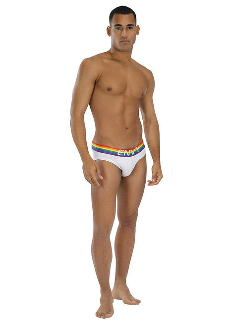 Envy Menswear Rainbow Radiant Briefs — White with Rainbow Waistband, L/XL - BLE117-WHTLXL