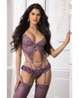 Garter Corset Teddy & Stockings Mauve Merlot O/S by G World