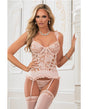 Lace Up Garter Corset w/Thong & Stockings Champagne Pink O/S by G World