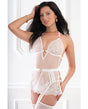 Sheer Lace Apron Style Babydoll, Garters, Open Back Panty & Stockings - White O/S by G World