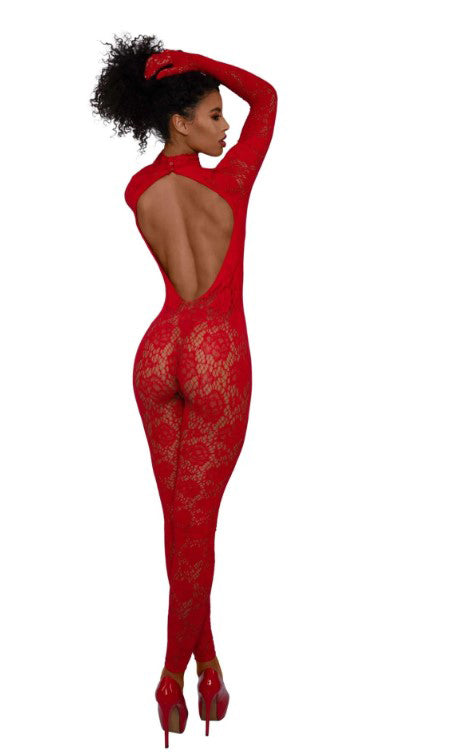Dreamgirl Gloved Bodystocking — One Size, Red (90% Nylon/10% Spandex) - DG-0516RDOS