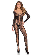 Leg Avenue Net & Lace Crotchless Jumpsuit, One Size, Black - LA-89369BKOS