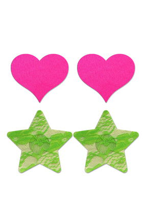 Fantasy Lingerie Pasties Set — 2 Pairs: Neon Pink Satin Hearts & Neon Green Lace Stars - FL-FLA102NEON