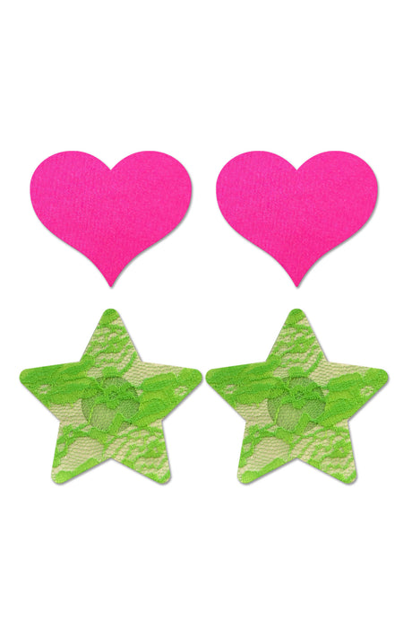 Fantasy Lingerie Pasties Set — 2 Pairs: Neon Pink Satin Hearts & Neon Green Lace Stars - FL-FLA102NEON